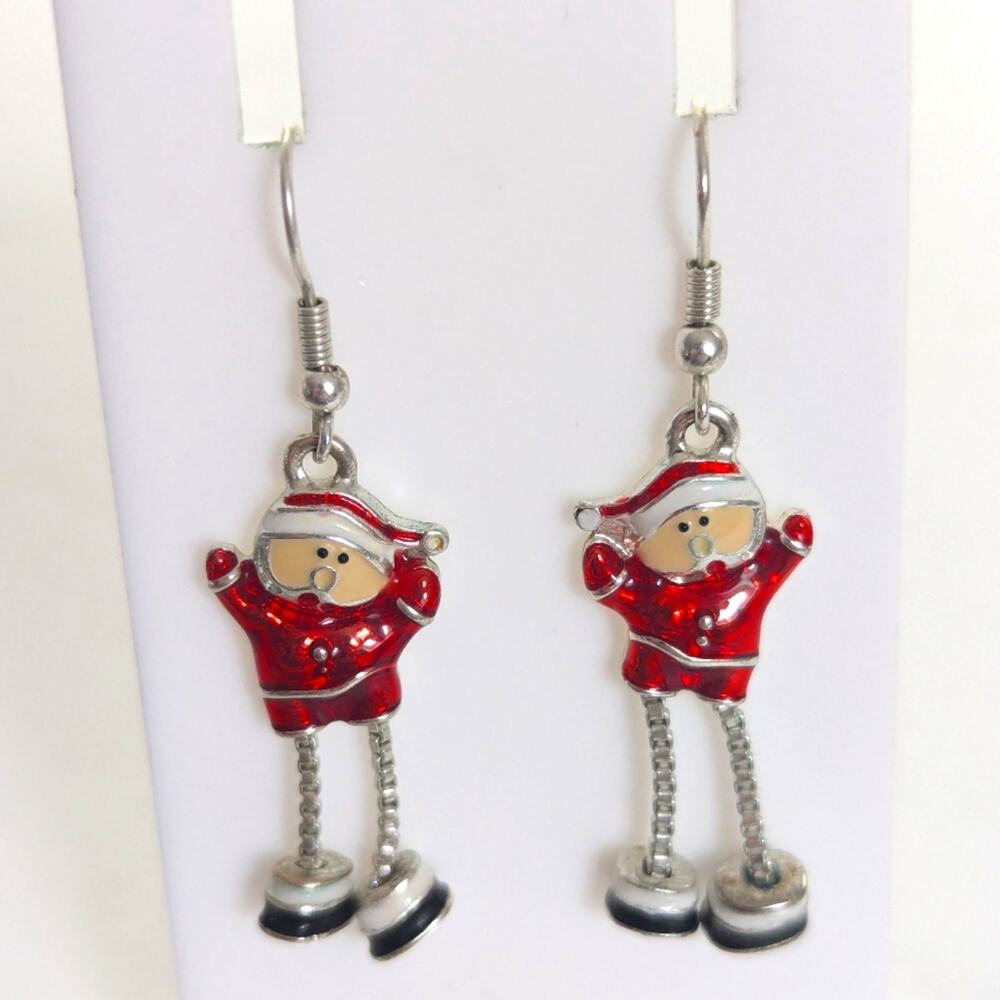 Vintage Red Enamel Articulated Leg Dangly Santa Claus Christmas Hook Earrings